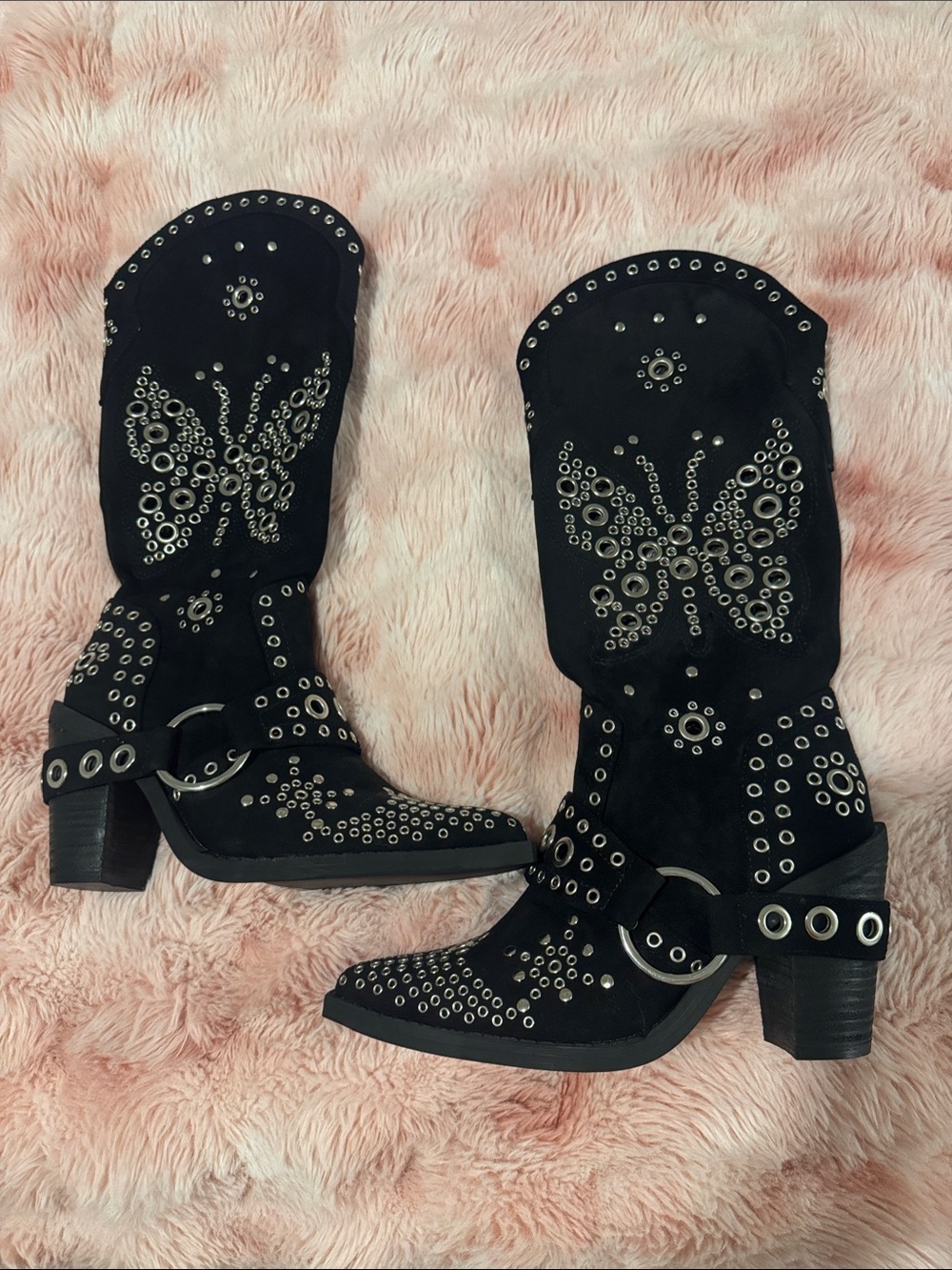 Dolls Kill Black Studded Western Mid-Calf Boots with Butterfly Accent